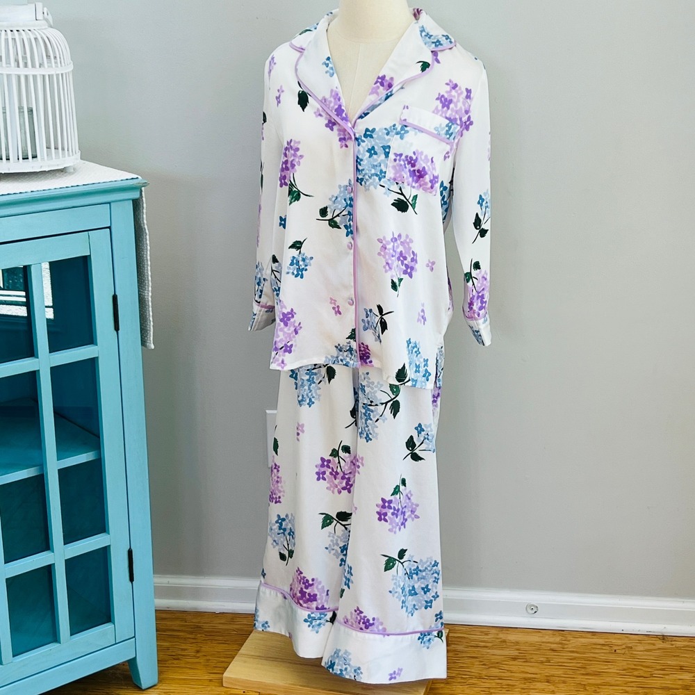 Kate Spade New York Hydrangea Floral Pajama Set Purple Blue Satin Sleepwear M